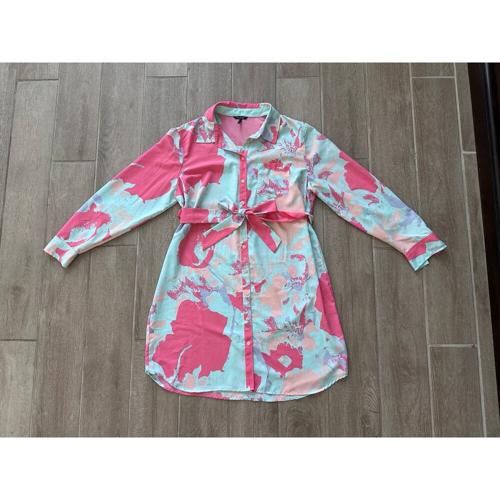 Daisy Fuentes XL Abstract Print Shirt Dress Pink Aqua Belted Y2K Resort Colorful